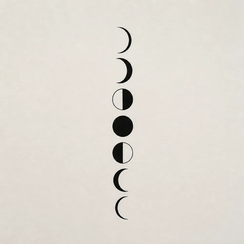 Seven moon phases in a vertical column, thin crescents at each end through half moons to a solid full moon.