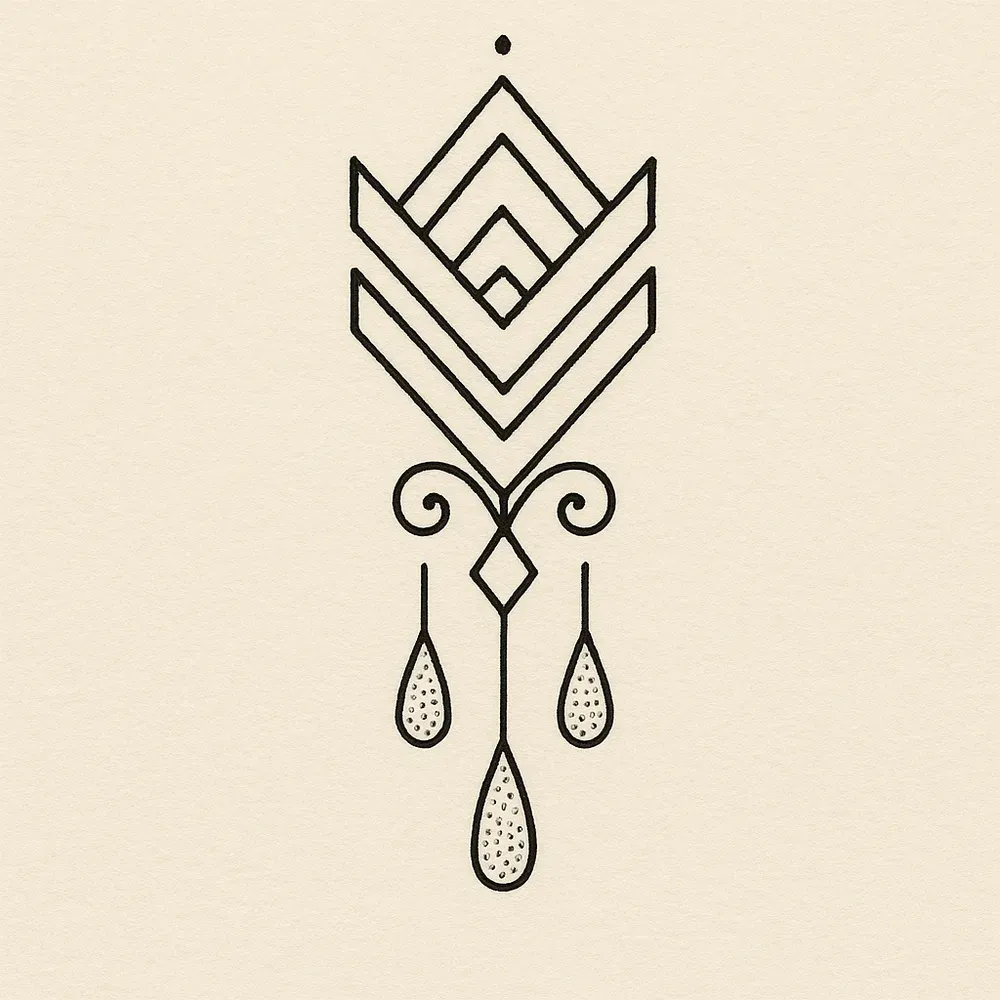 Nested chevrons over a pair of scrolls and a small diamond, with three stippled teardrops hanging below.