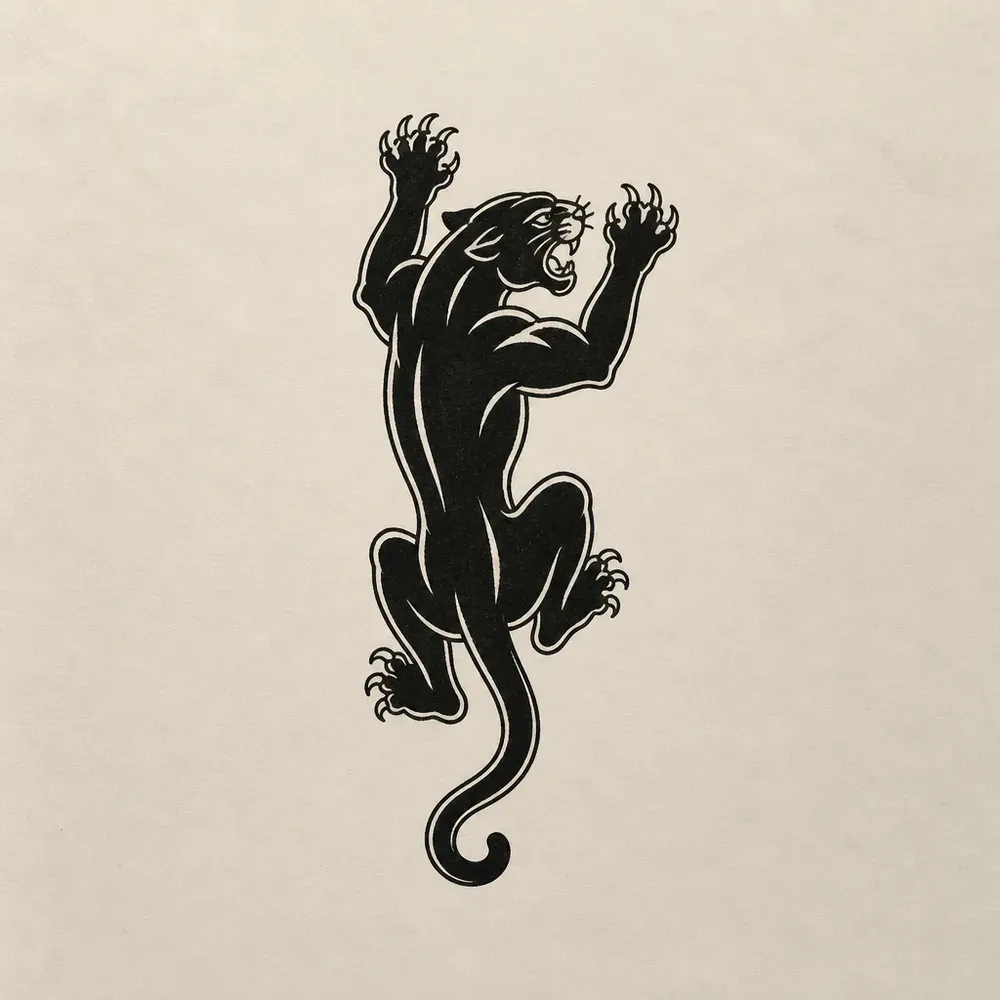 A black panther climbing upward in solid black, claws out, mouth open in a snarl and its tail curling below.