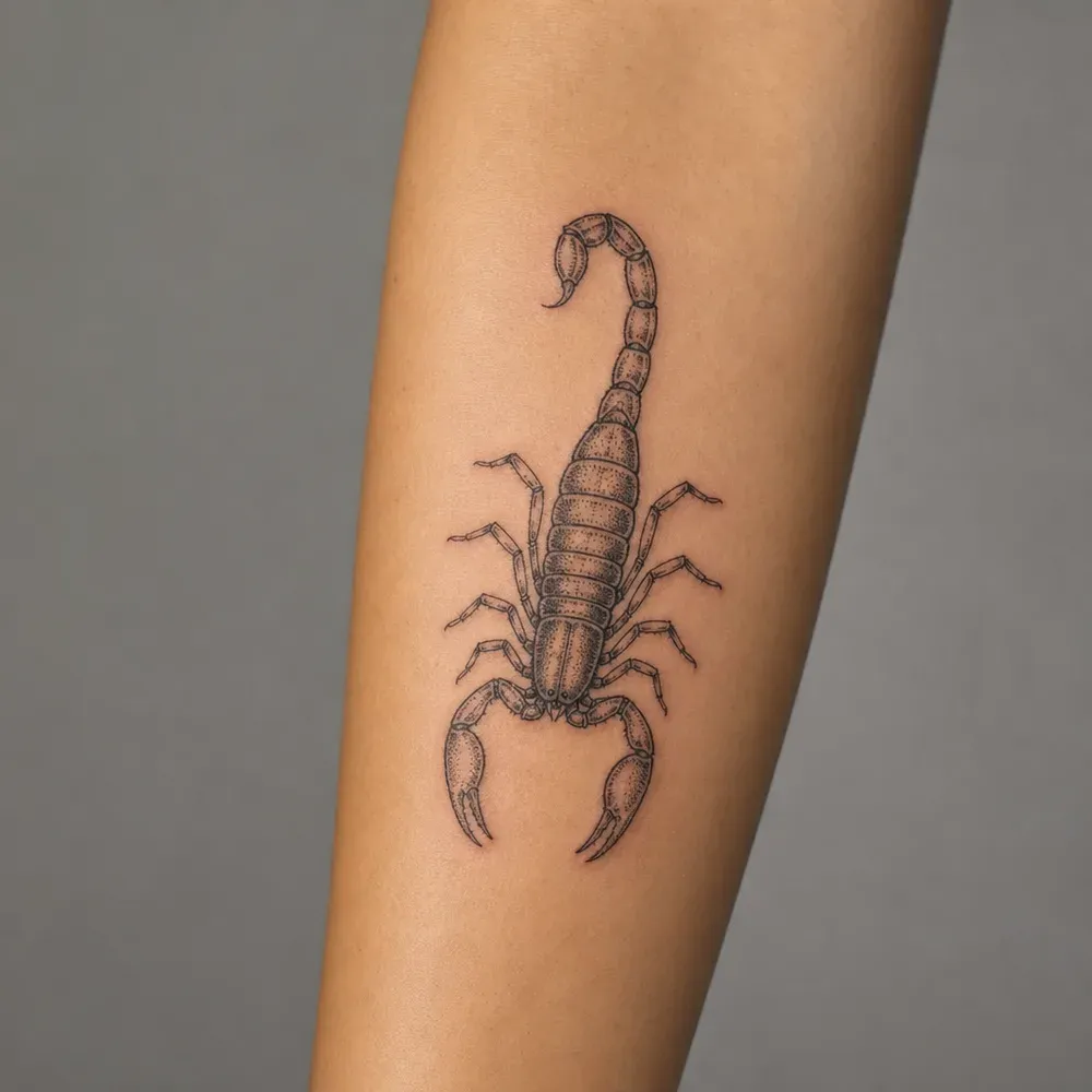 A stippled scorpion seen from above, tail curled toward the elbow, tattooed on a forearm with light golden tan skin.