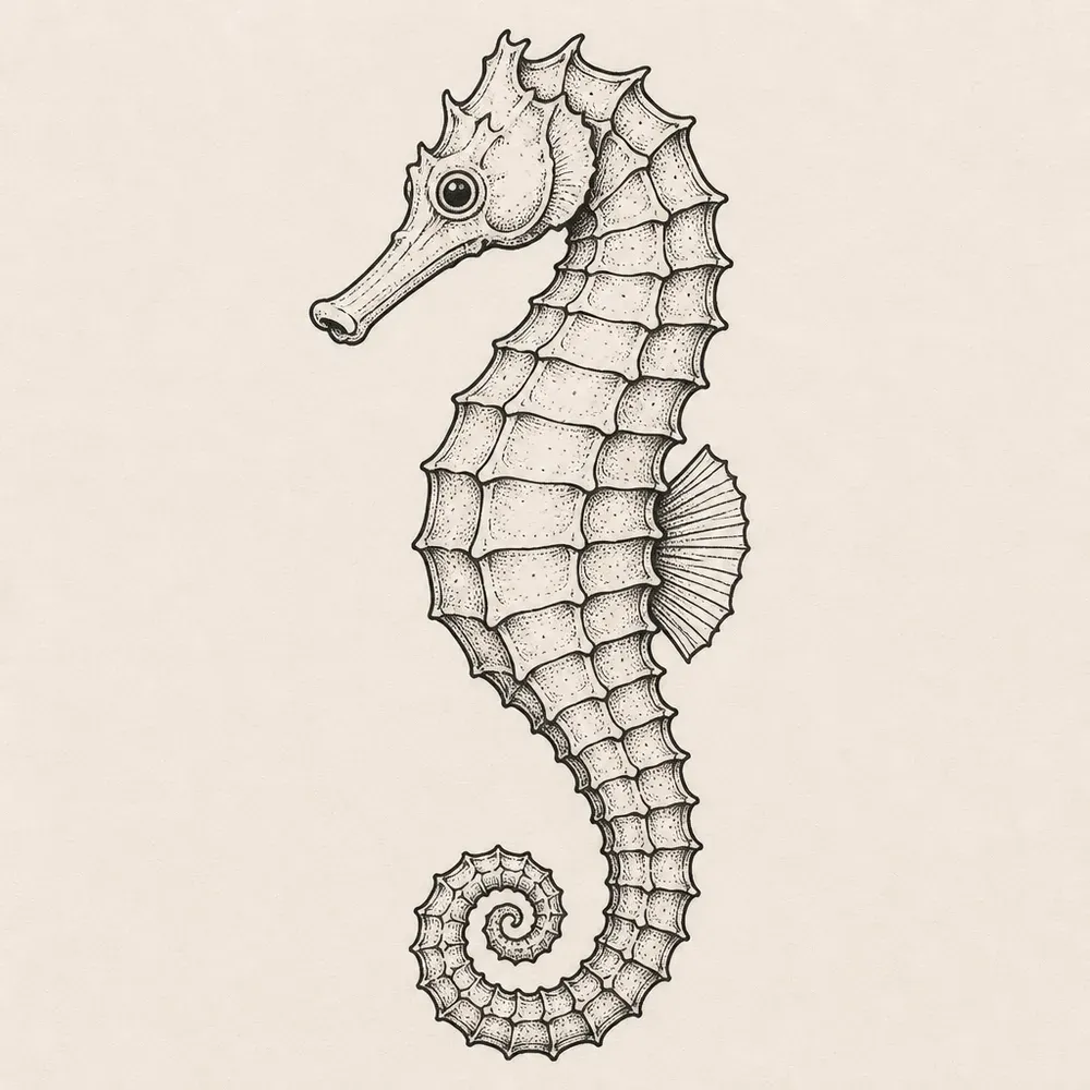 A seahorse in profile in black line, ridged stippled body segments, a small fanned fin and a spiral curled tail.