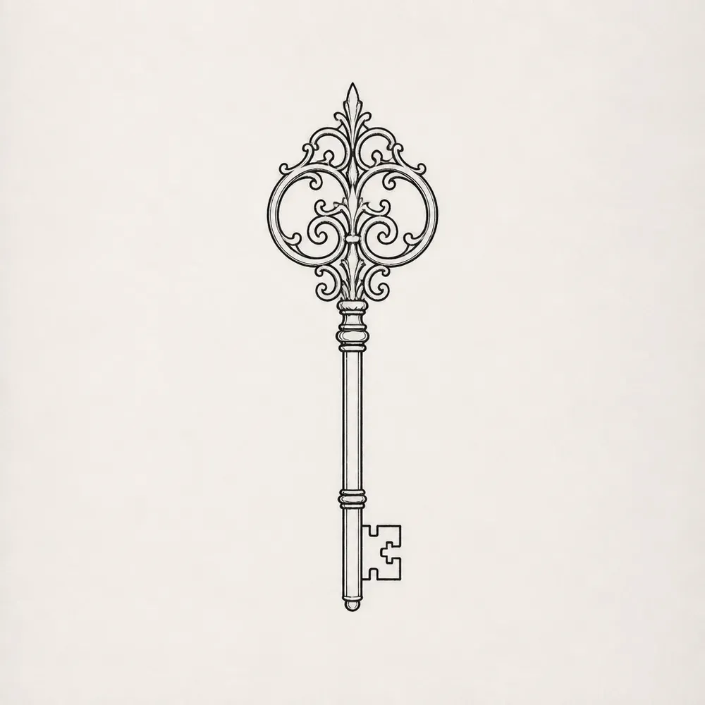 An antique skeleton key in fine black line, a scrolled filigree bow with a pointed finial and a stepped bit.