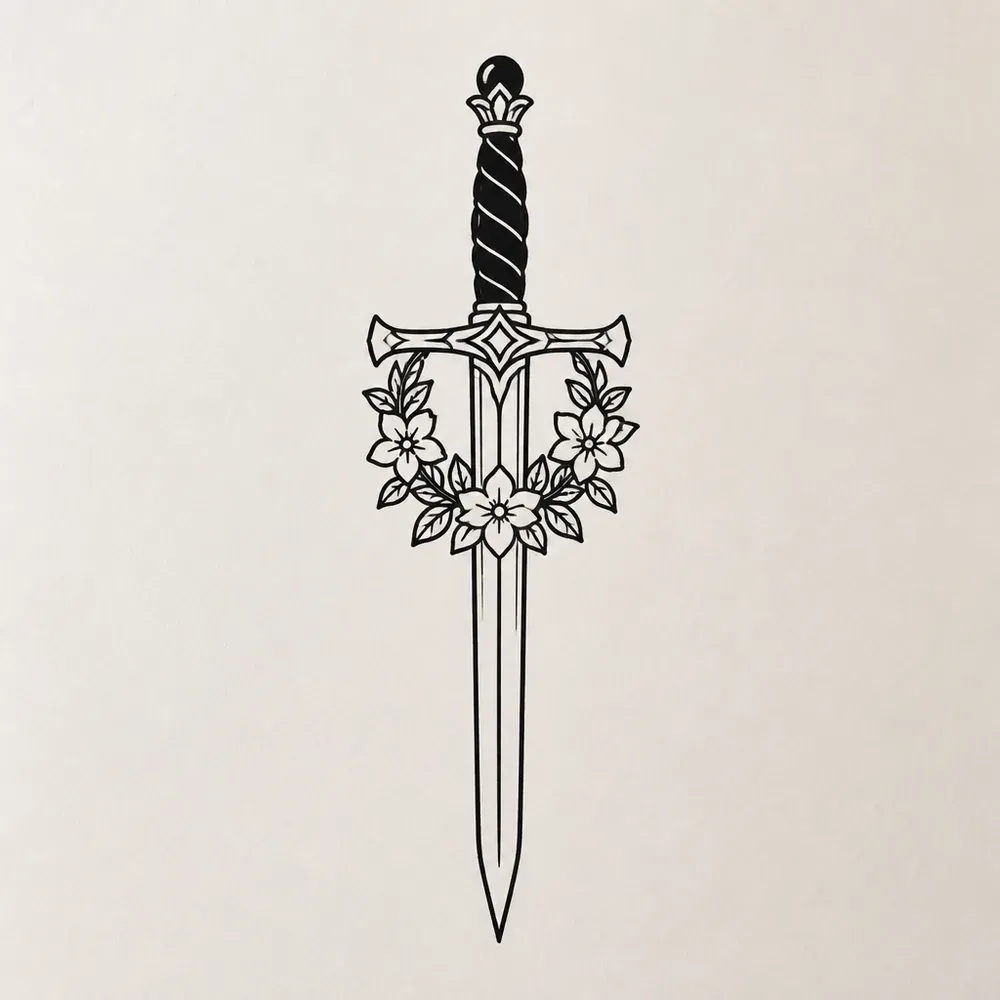 A straight sword pointing down with a twisted black grip, a spray of five-petal flowers and leaves at the guard.