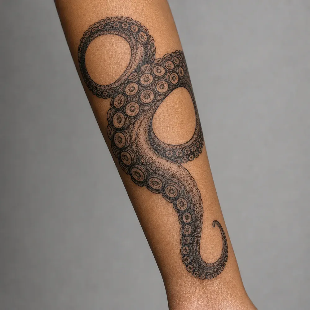 A stippled octopus tentacle with rows of suckers looping around and down a forearm with medium brown skin.