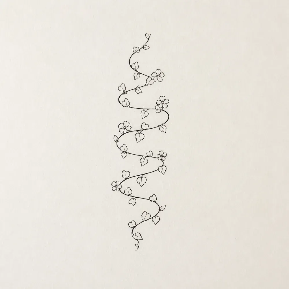 A thin vine spiralling downward in fine black line, small heart-shaped leaves and five-petal flowers along it.