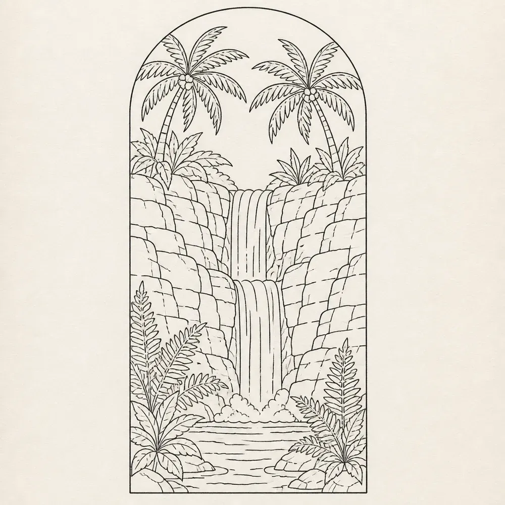 A waterfall inside an arch-topped frame, rock cliffs either side, two coconut palms above and ferns by the pool.