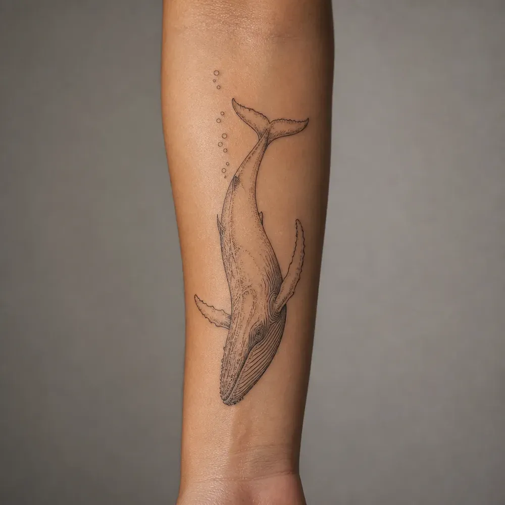 A humpback whale diving head down with small bubbles beside its tail, along an inner forearm with light warm tan skin.