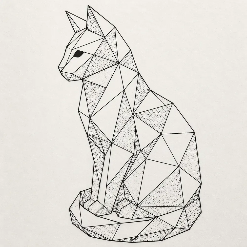 A sitting cat in side view built from triangular facets, several stippled with dots, its tail wrapped around its paws and one solid almond eye.