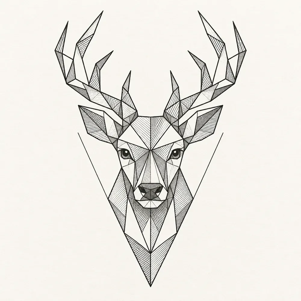 A stag head with branching antlers made of straight angular segments, the face broken into hatched triangles, framed by two long lines forming an open V.