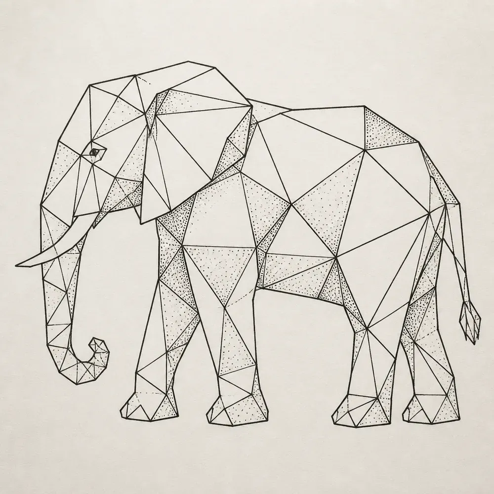 A standing elephant in side view made of angular polygon facets, a few stippled with fine dots, trunk curled down and one tusk forward.