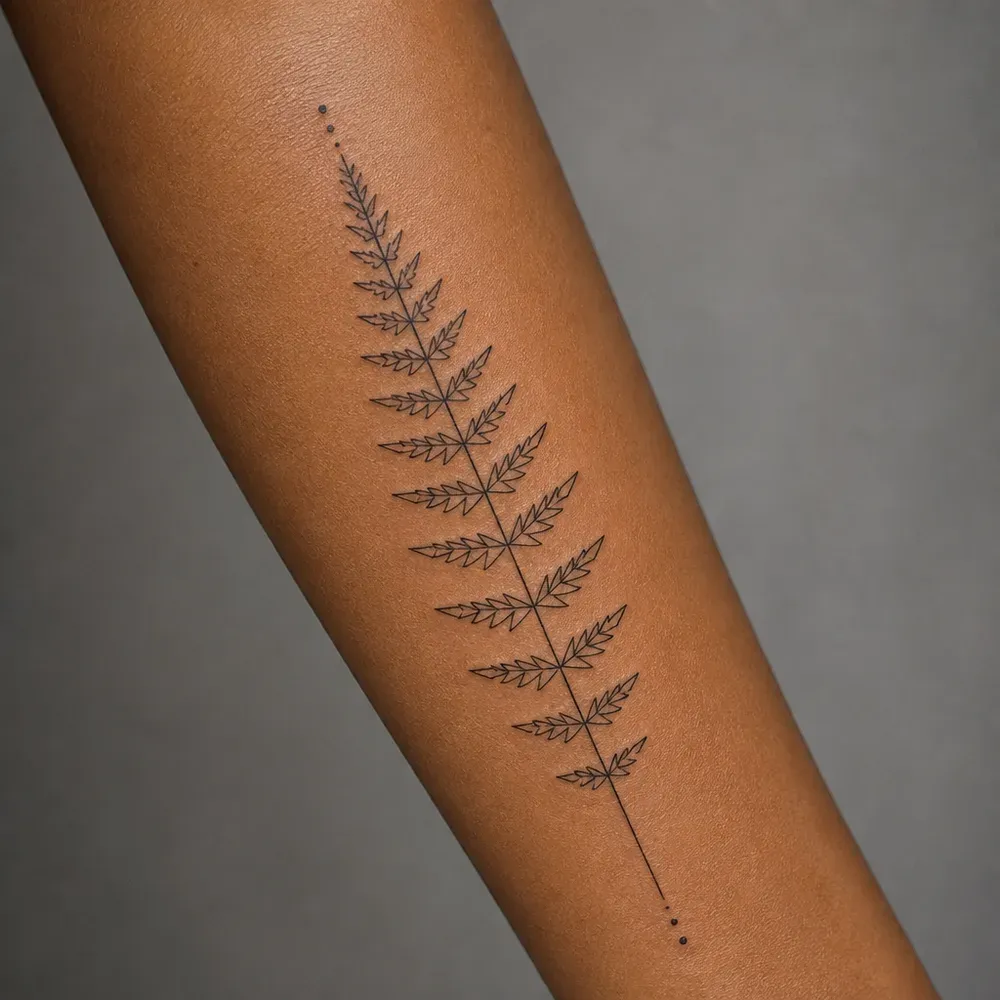 A fern frond of small angular leaflets on a straight stem with dots at each end, tattooed along the inner forearm of warm brown skin.