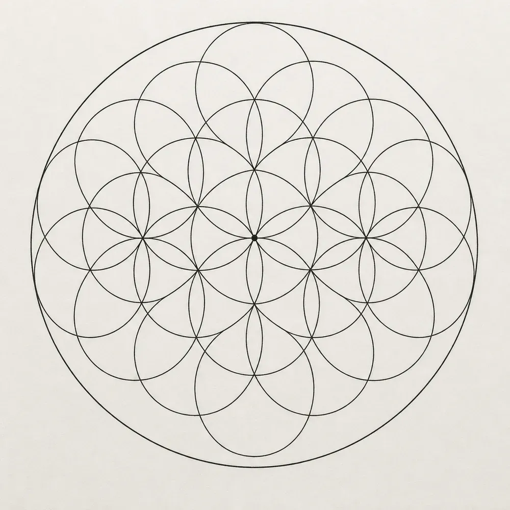 The flower of life drawn in even fine line: overlapping circles of one size forming petal shapes inside a large outer circle, a dot at the centre.