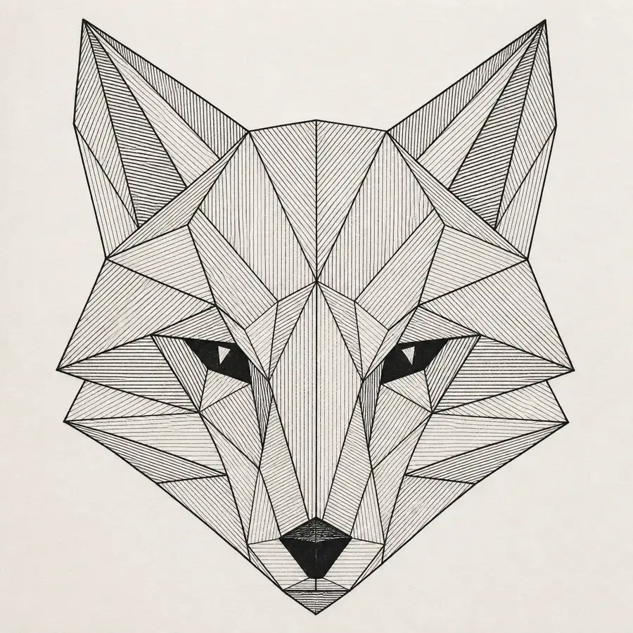 A fox head facing forward built from flat triangular facets, each filled with fine hatching at its own angle, eyes and nose tip solid black.