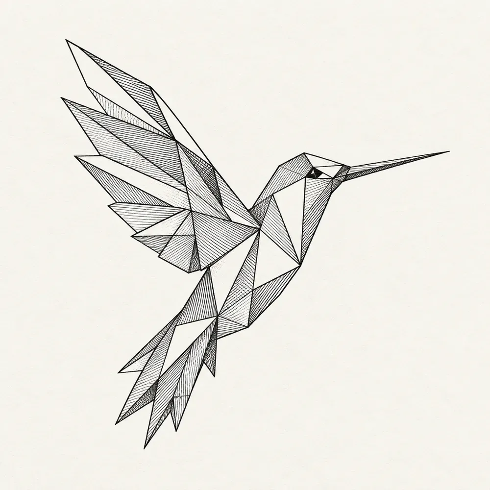 A hummingbird in flight made of flat angular shards, the wings fanning back in long hatched planes and the beak a single straight taper.