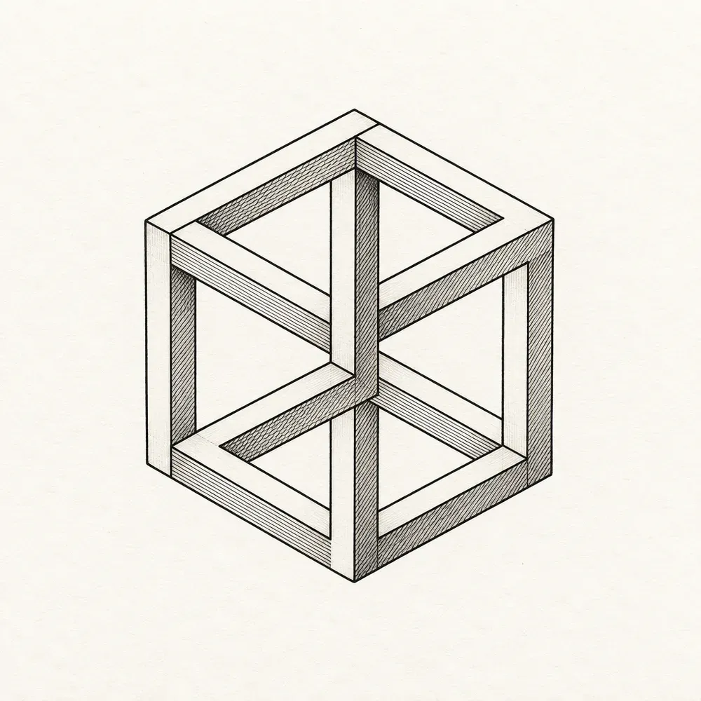 A cube drawn as thick hatched beams that pass through one another in a way no solid object could, the illusion holding from every corner.