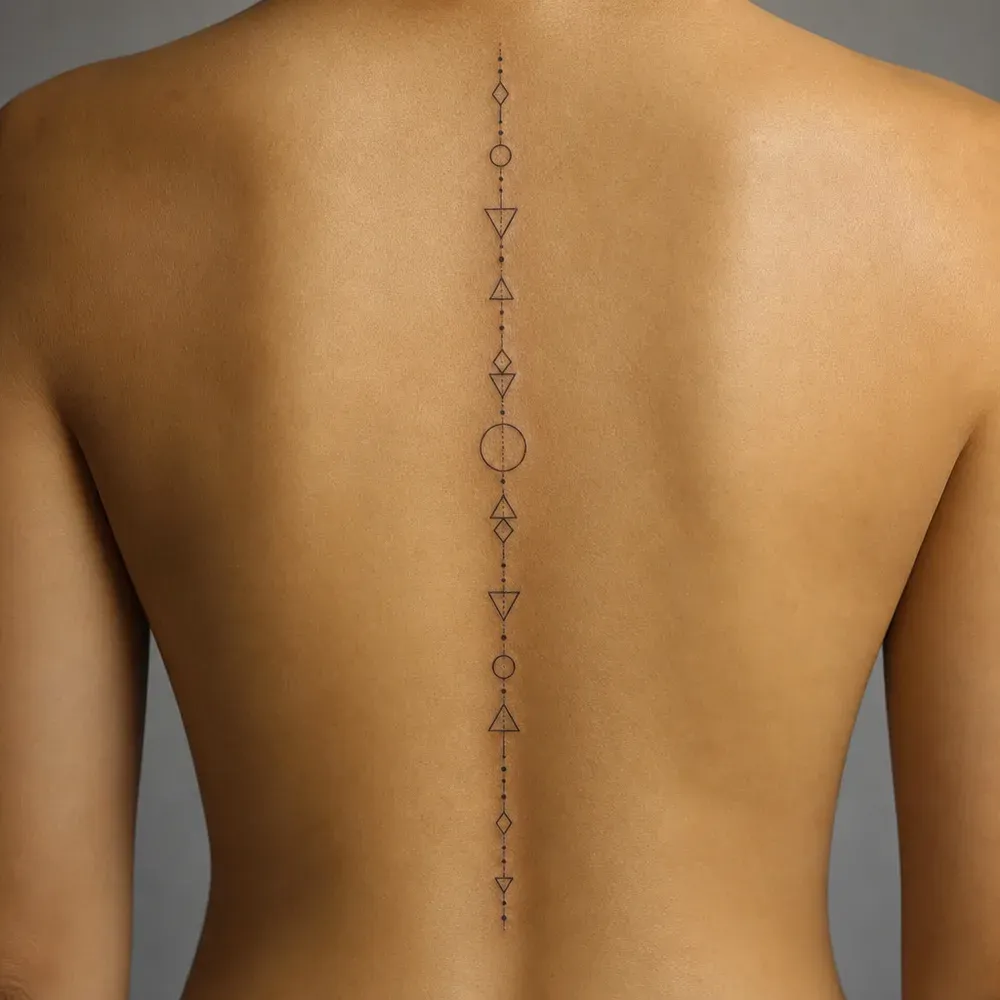 A long vertical line threaded with small diamonds, triangles, circles and dots, tattooed down the spine on light tan skin with a golden undertone.