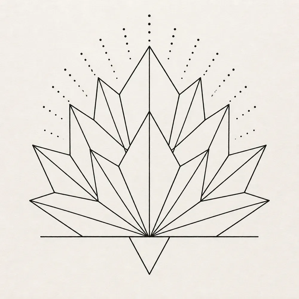A lotus built from straight-edged pointed petals fanning from one point on a horizontal line, a small triangle below and rays of dots above.