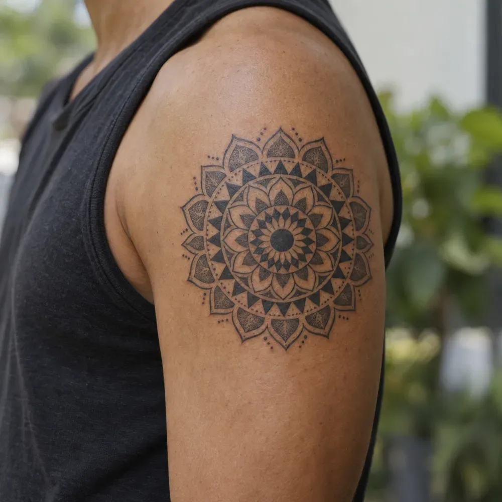 The ringed mandala tattooed on the outside of the upper arm, about the width of a hand, on olive skin under a black vest.