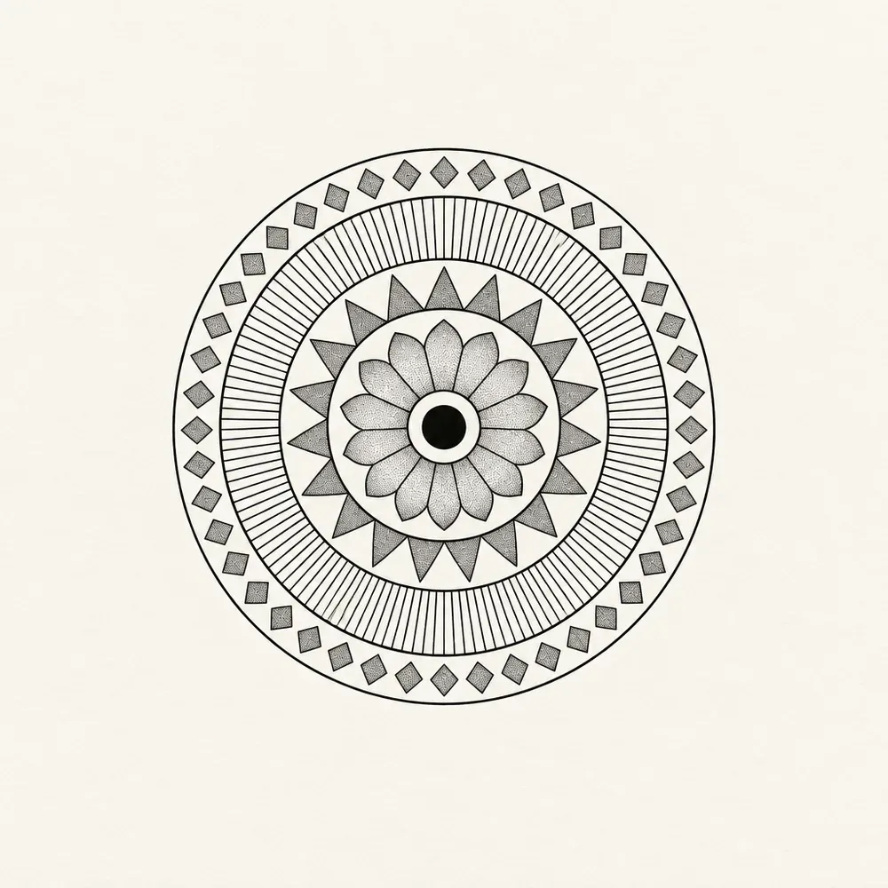 A round mandala of five concentric rings: a solid dot at the centre, then stippled petals, then points, then fine radiating lines, then diamonds.