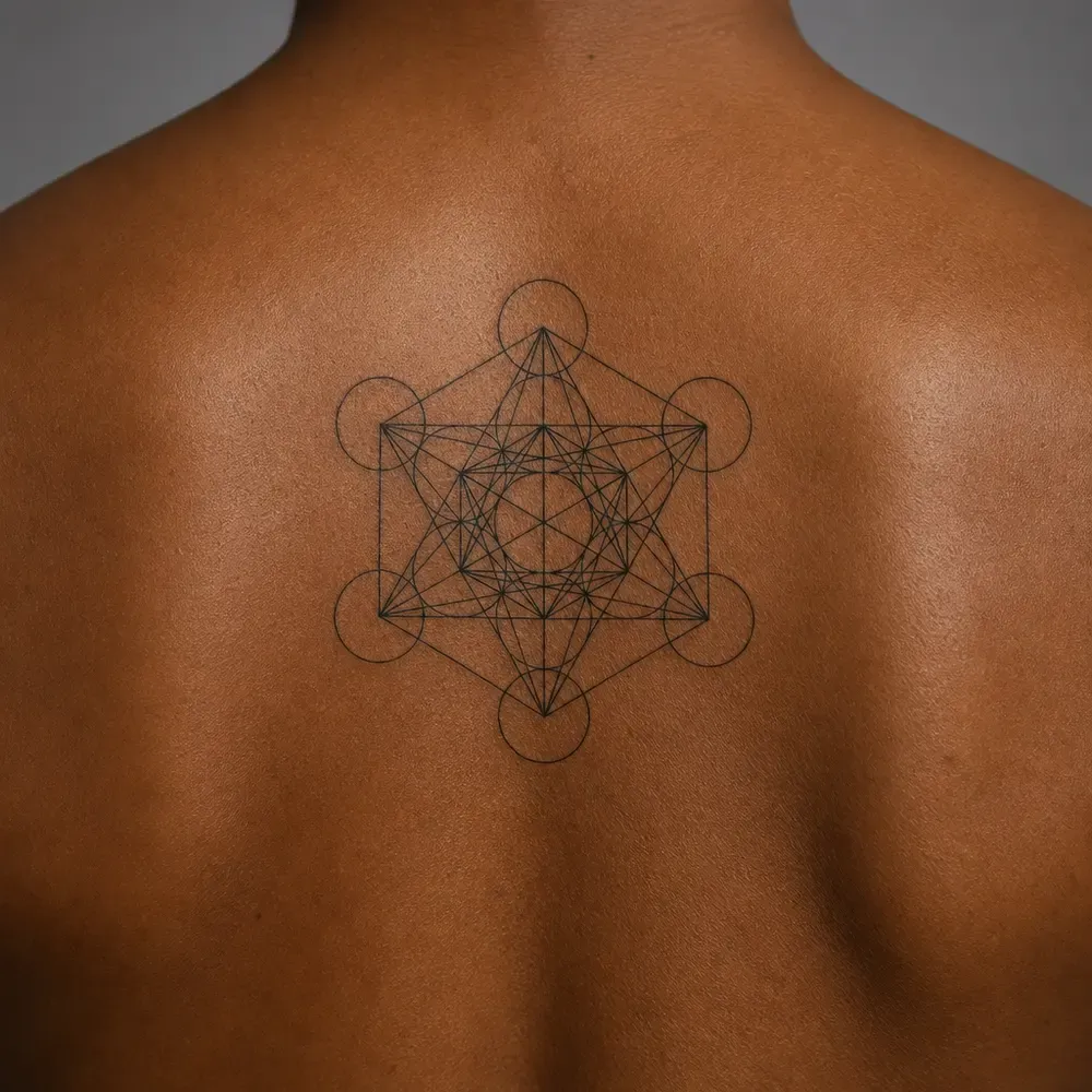 Metatron’s cube, ringed circles joined by straight lines into nested hexagons and triangles, tattooed between the shoulder blades on deep brown skin.