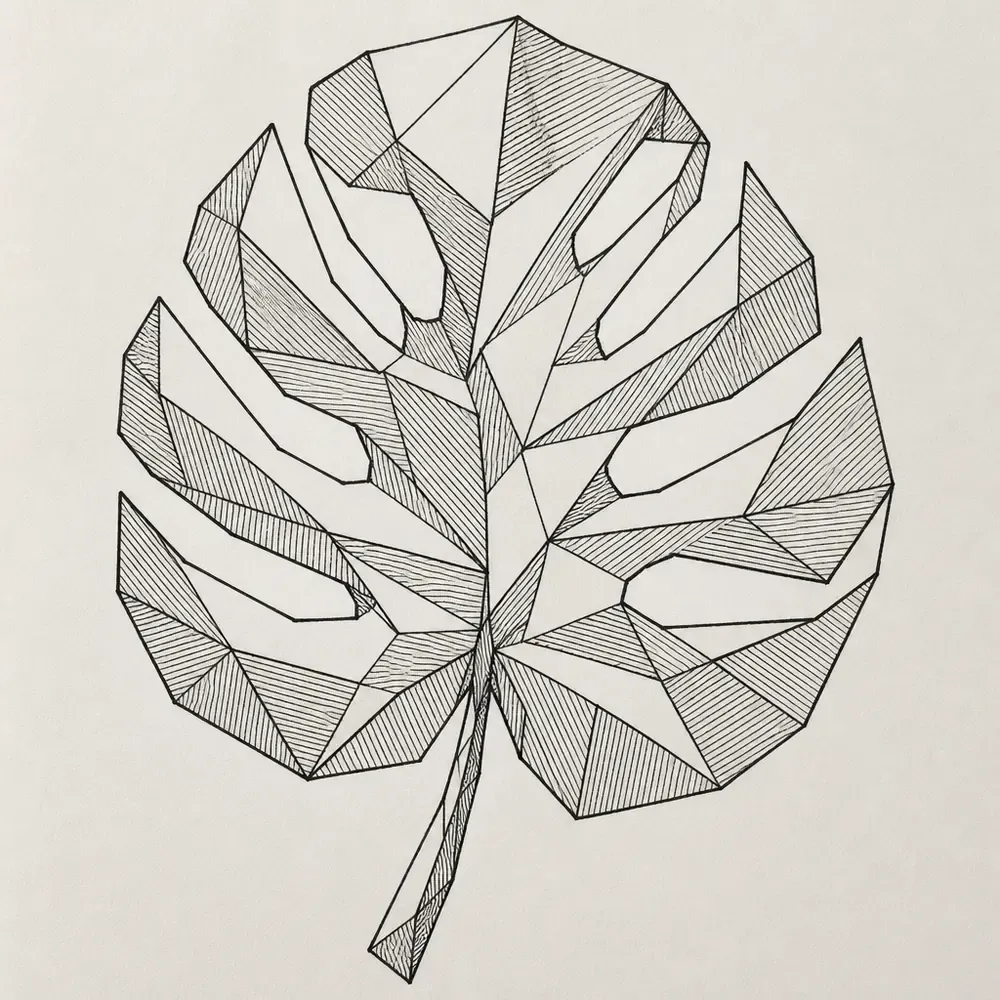 A monstera leaf on a short stem drawn as angular facets with its splits kept as straight-edged gaps, many facets filled with fine parallel hatching.