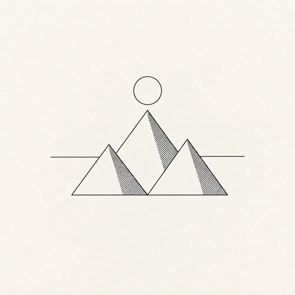 Three overlapping triangular peaks with hatching on one side of each, a thin horizon line running behind them and an open circle above the tallest.