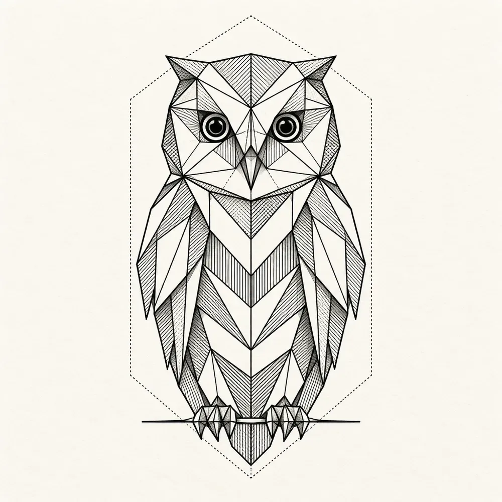 An owl facing forward with two large round eyes, the wings and chest built from rows of angular chevrons, standing on a line inside a dotted hexagon outline.