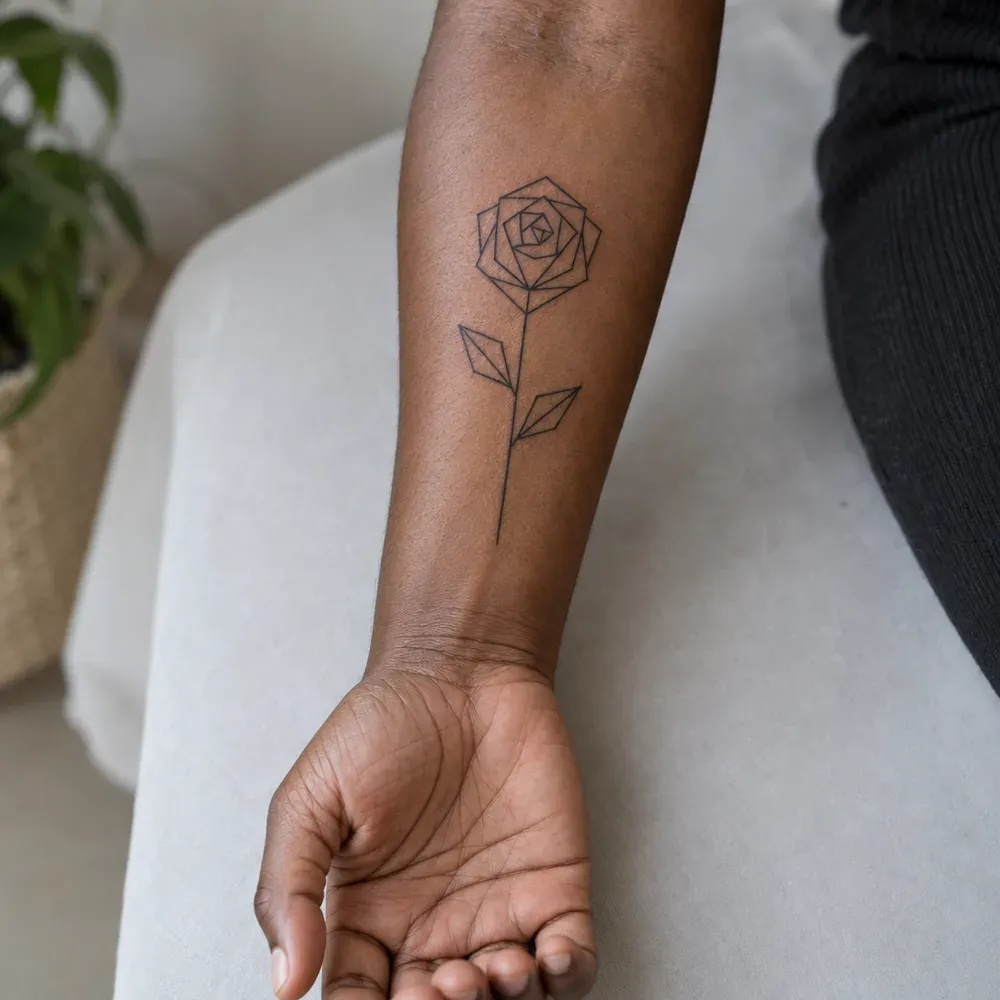 The straight-line rose tattooed in fine line on the inner forearm, stem running toward the wrist, on deep brown skin with the palm turned up.