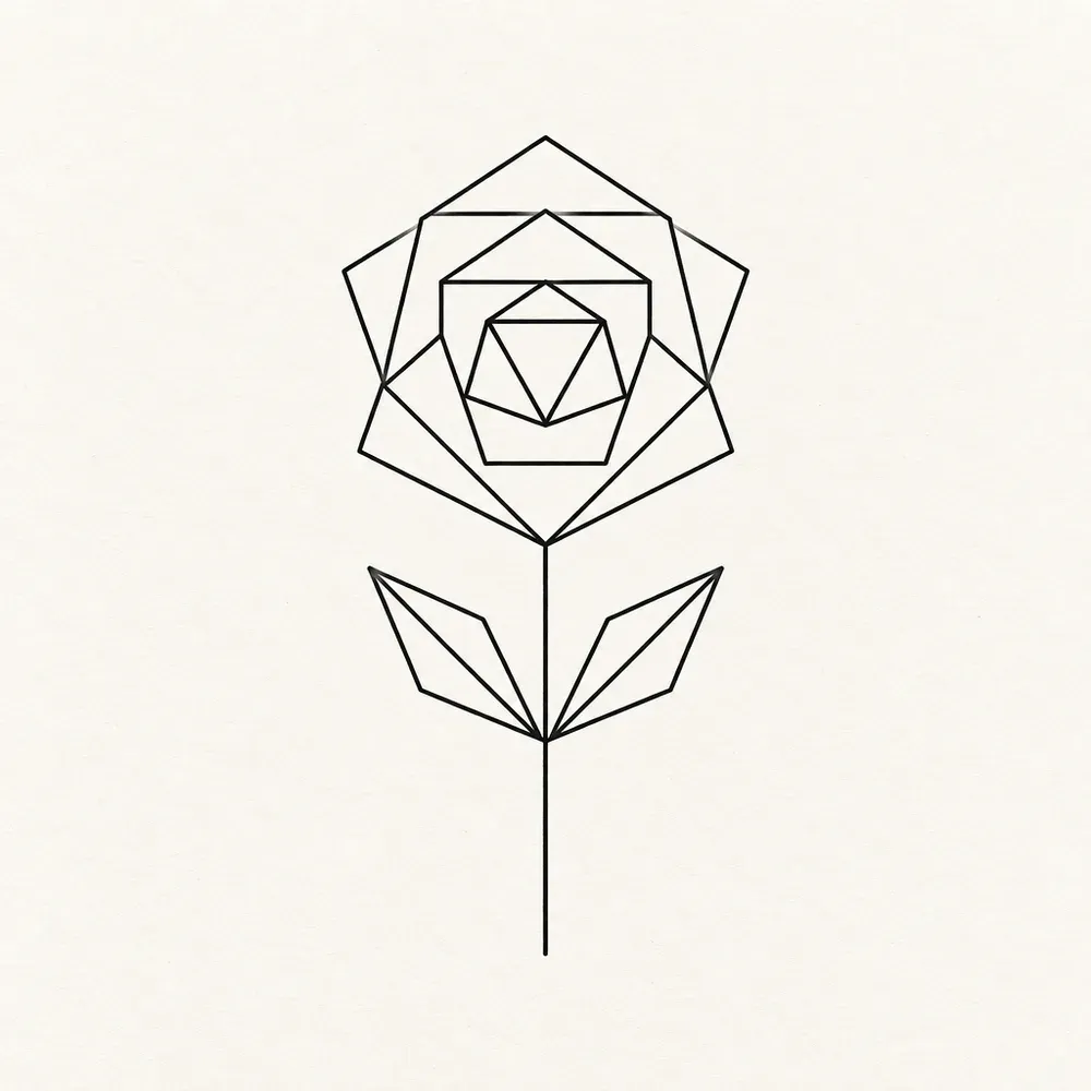 A rose reduced to straight lines, the bloom nested hexagons and chords instead of petals, on a straight stem with two angular leaves, no shading at all.