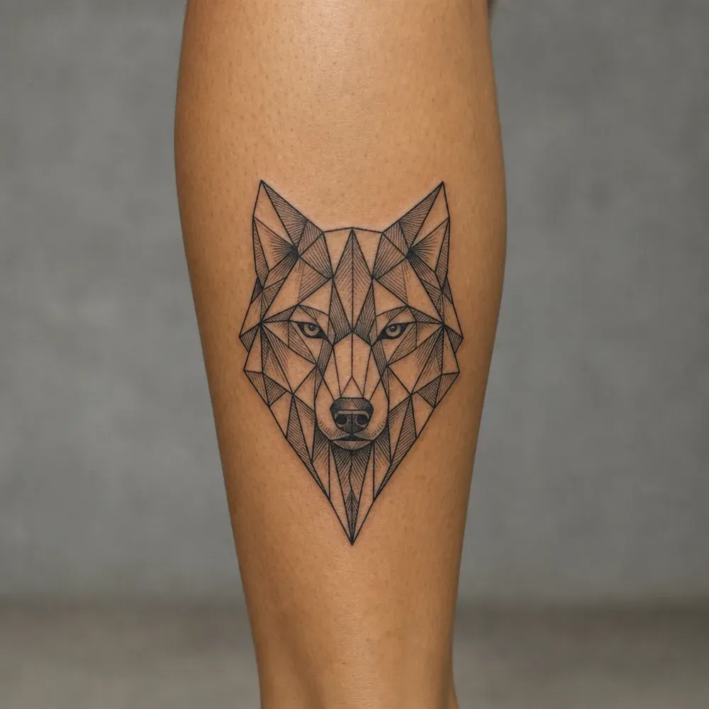 The faceted wolf head tattooed on the calf, roughly palm sized, the hatched planes reading clearly, on light morena Filipino skin.