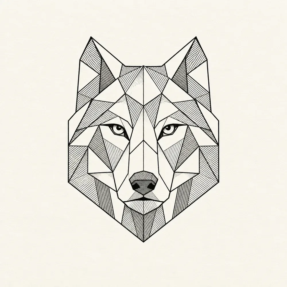 A wolf head facing forward, built from flat triangular planes with fine hatching at different angles in each, the eyes and nose the only solid black.