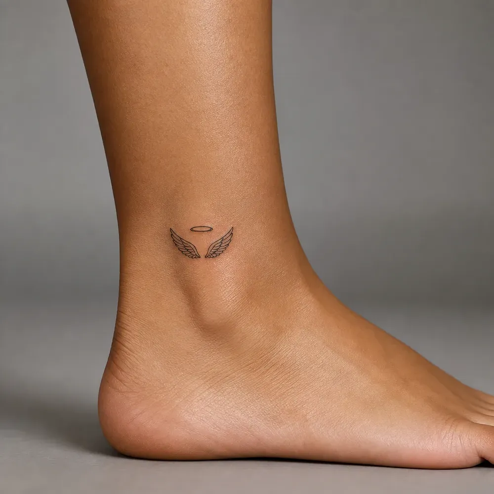 A tiny pair of fine-line wings with a thin oval halo above the gap, tattooed on the inner ankle above the ankle bone, on medium brown skin.
