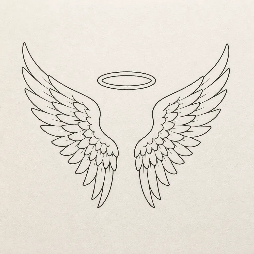 A small pair of curved mirrored wings with rows of feathers and a thin oval halo floating above the gap between them, with no figure.