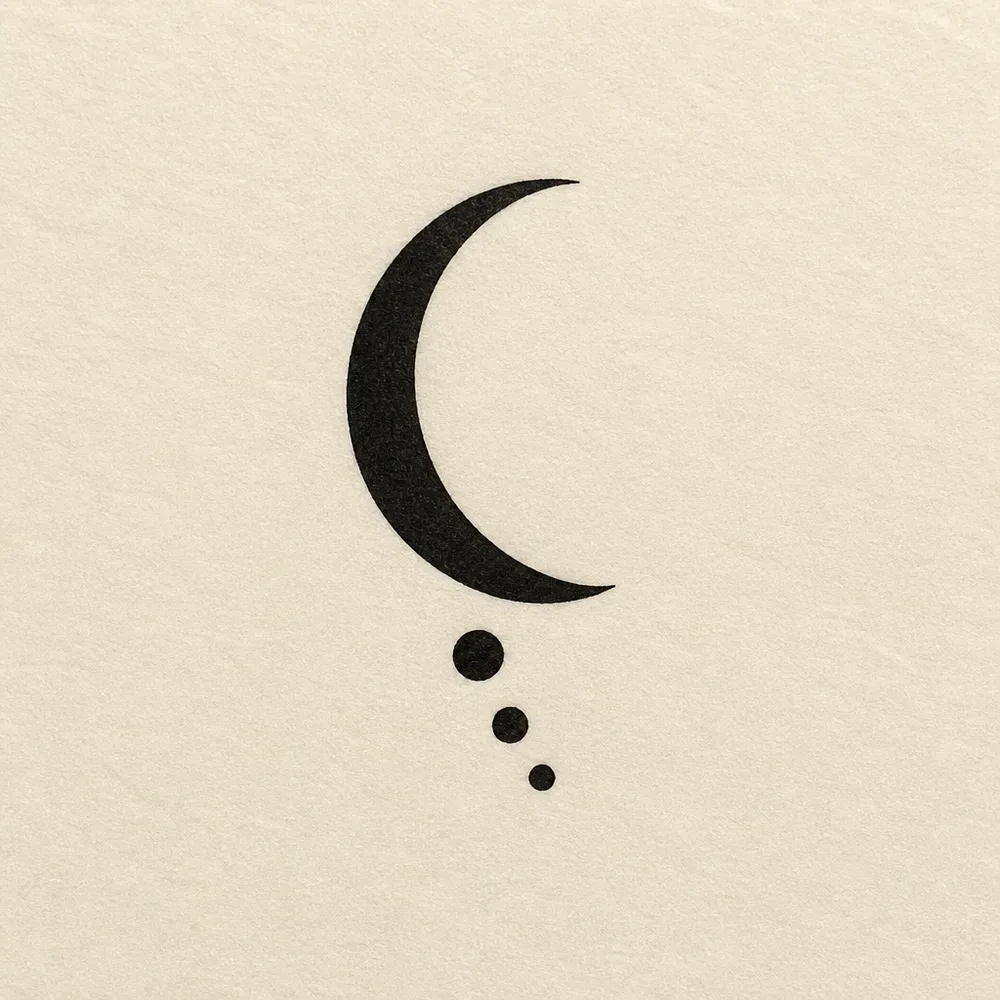 A slim solid black crescent moon with three round dots trailing below it, shrinking in size from largest to smallest.