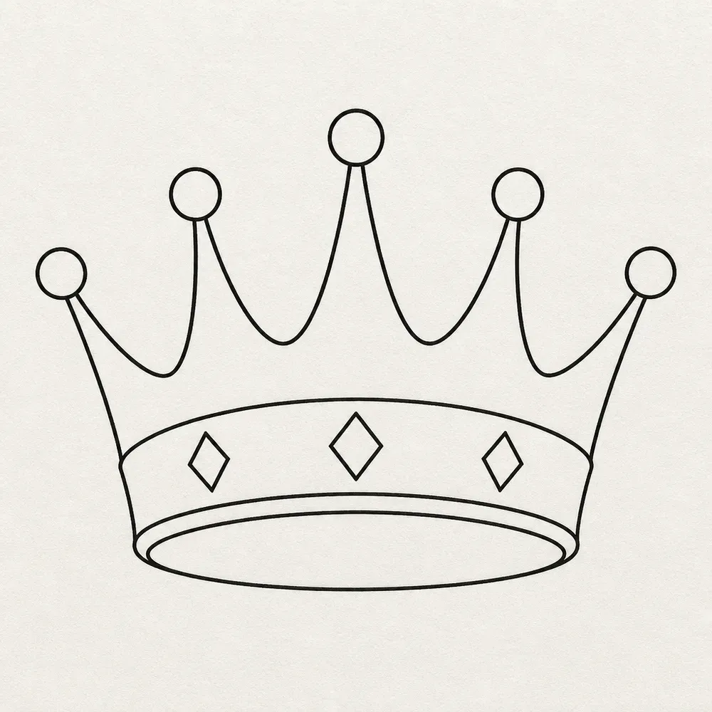 A five-point crown in fine black outline with a ball on each point, three diamonds along the band and an oval rim at the base.