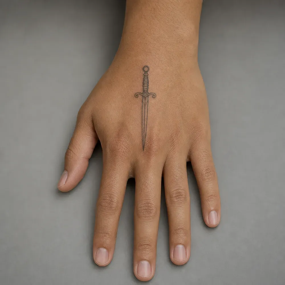 A slim fine-line dagger pointing down toward the knuckles in the centre of the back of the hand, on warm olive skin, hand laid flat.
