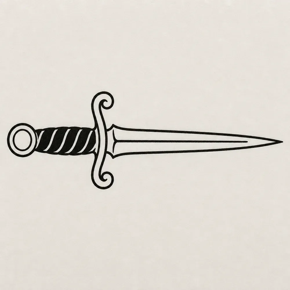 A horizontal dagger in black outline with a ring pommel, a twisted solid black grip, a scrolled crossguard and a long tapered blade.