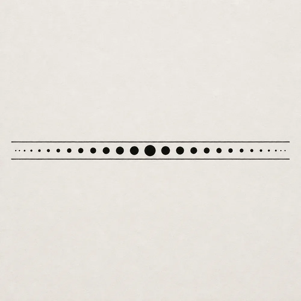 A straight finger band of black dots growing from tiny at each end to largest in the middle, between two thin parallel lines.