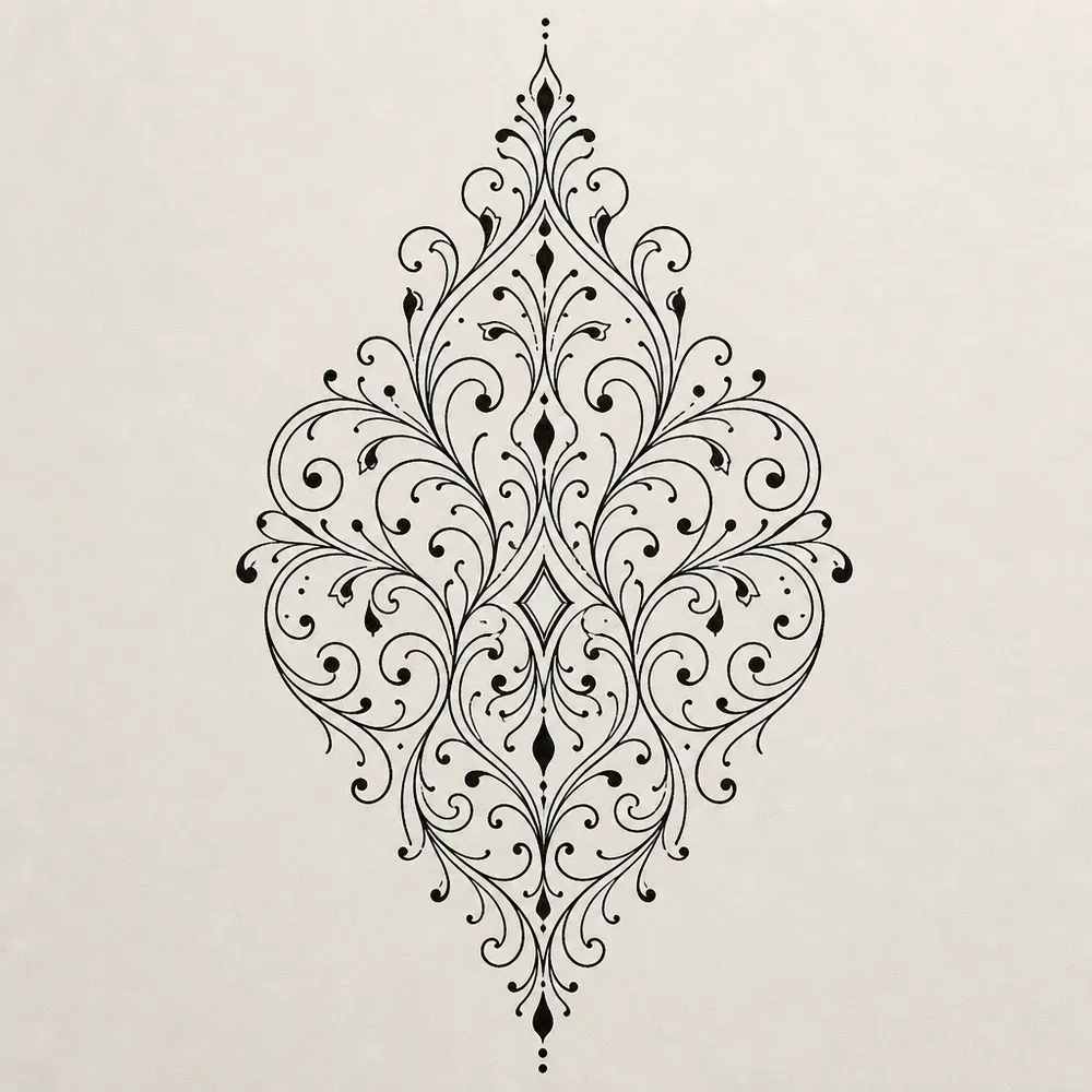 A tall diamond-shaped filigree ornament of fine black scrolls, teardrops and dots, mirrored left to right, ending in a dotted point top and bottom.
