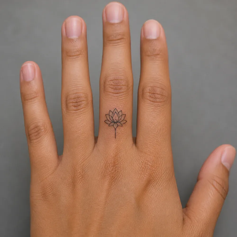 A small fine-line lotus with a short stem on the middle finger just above the knuckle, on a flat hand with medium brown skin.