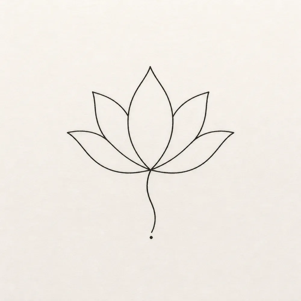 A simple open lotus of five pointed petals in a single fine black line, with a thin curving stem ending in one small dot.
