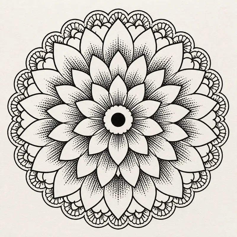 A round mandala of layered pointed petals in black outline with stippled shading at each petal base, a scalloped lace edge and a solid black centre.