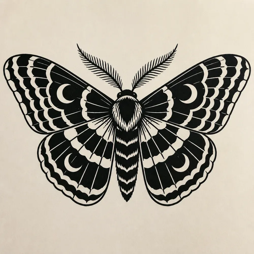 A moth with wings spread in solid black, banded wing patterns, a crescent moon on each wing, feathered antennae and a striped body.