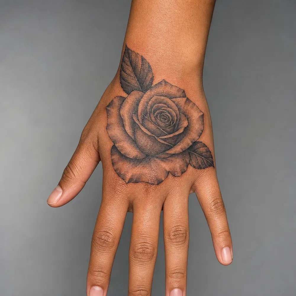 A black and grey shaded rose with two leaves covering the back of the hand below the wrist, on medium brown skin, hand laid flat.