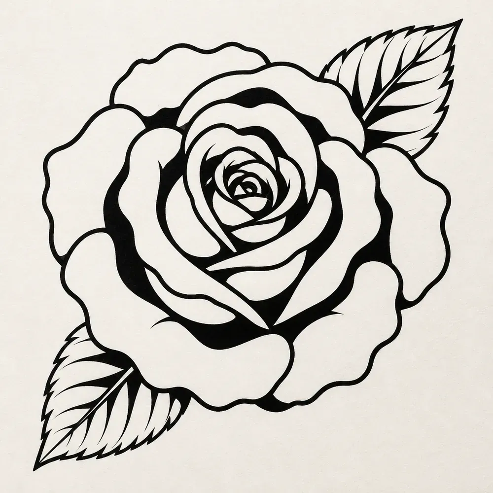 A full open rose in bold black outline with solid black shadows between the petals and two veined leaves at opposite corners.