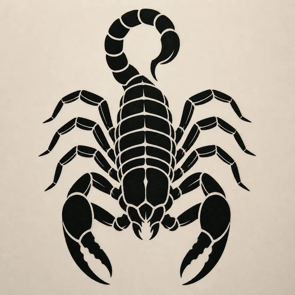 A scorpion seen from above in solid black with fine white segment lines, eight legs, two raised pincers and its tail curled over its back.