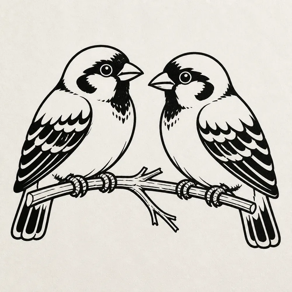 Two plump sparrows perched face to face on a forked twig, bold black outline with solid black wing feathers and dark throat patches.