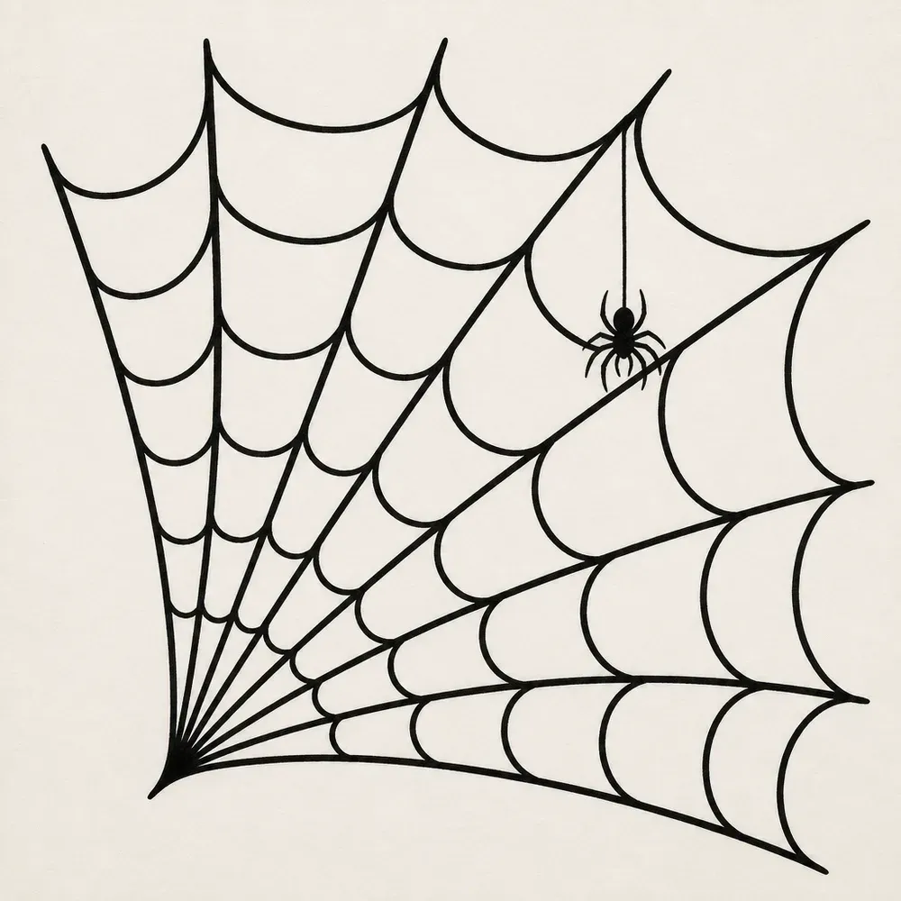 A corner spider web in clean black line fanning out from one point, with a small spider hanging on a thread near the top right.