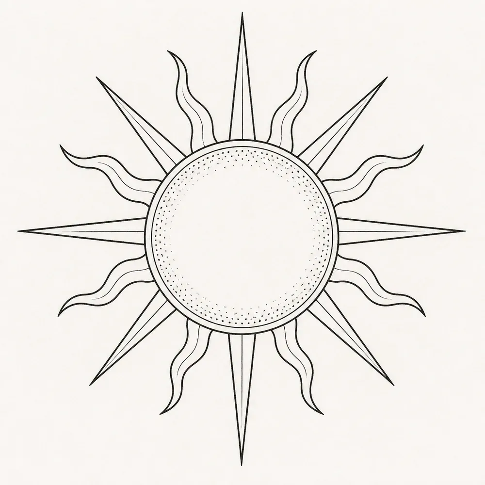 A sun in fine black line, a plain circle with a stippled inner ring, ringed by straight pointed rays alternating with wavy flame rays.