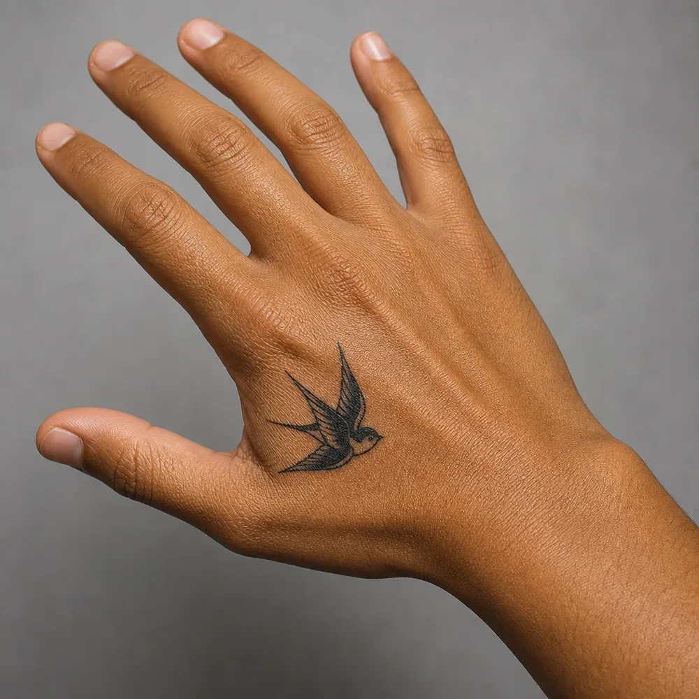 A small black swallow in flight on the back of the hand near the base of the thumb, on warm brown skin with the fingers spread.